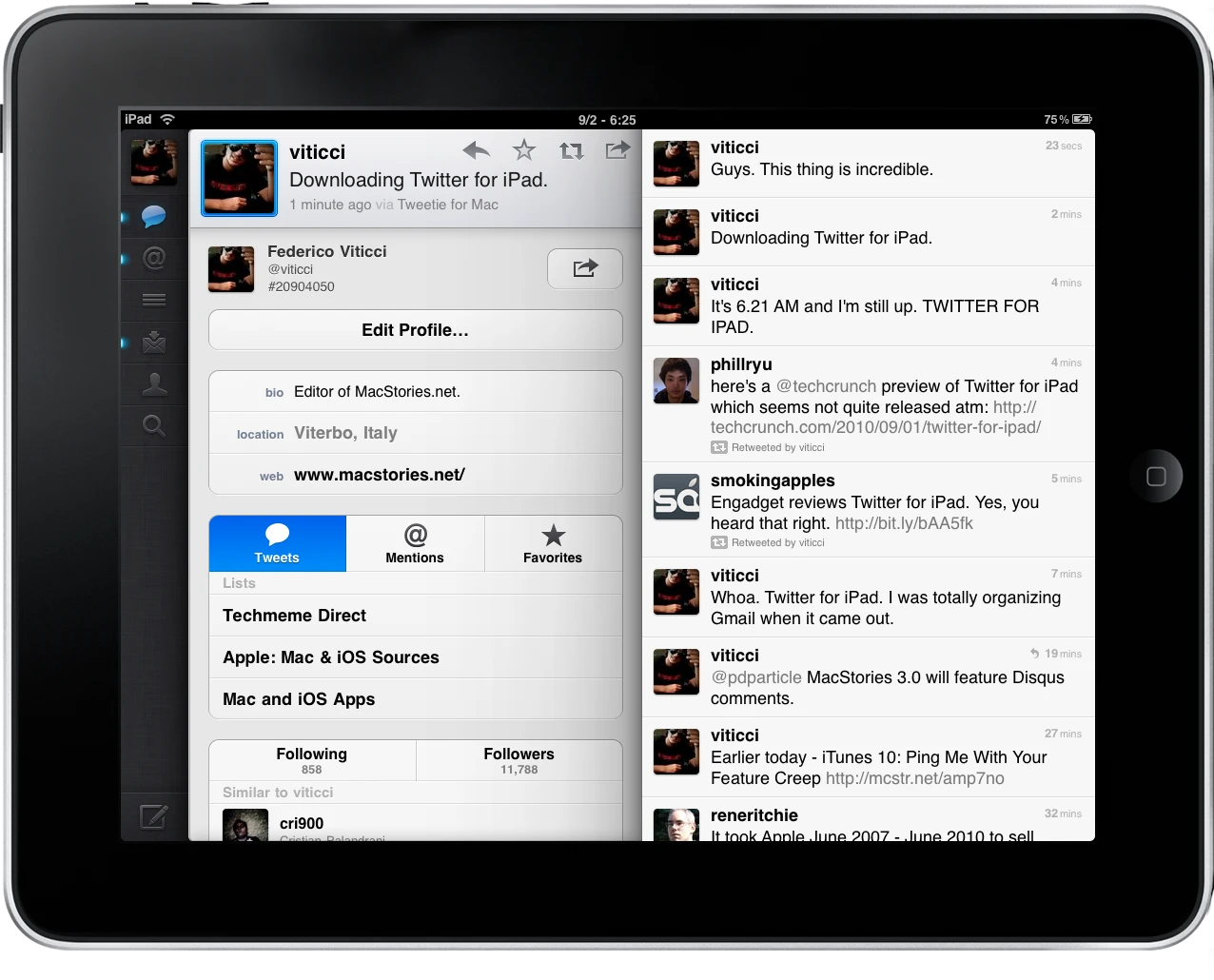 Screenshot of Twitter for iPad from 2010